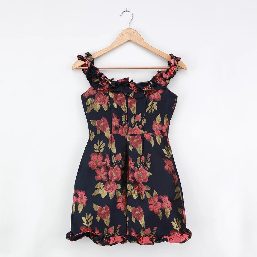 NWT Navy Blue Floral Jacquard Ruffled Mini Dress - Picture 5 of 5